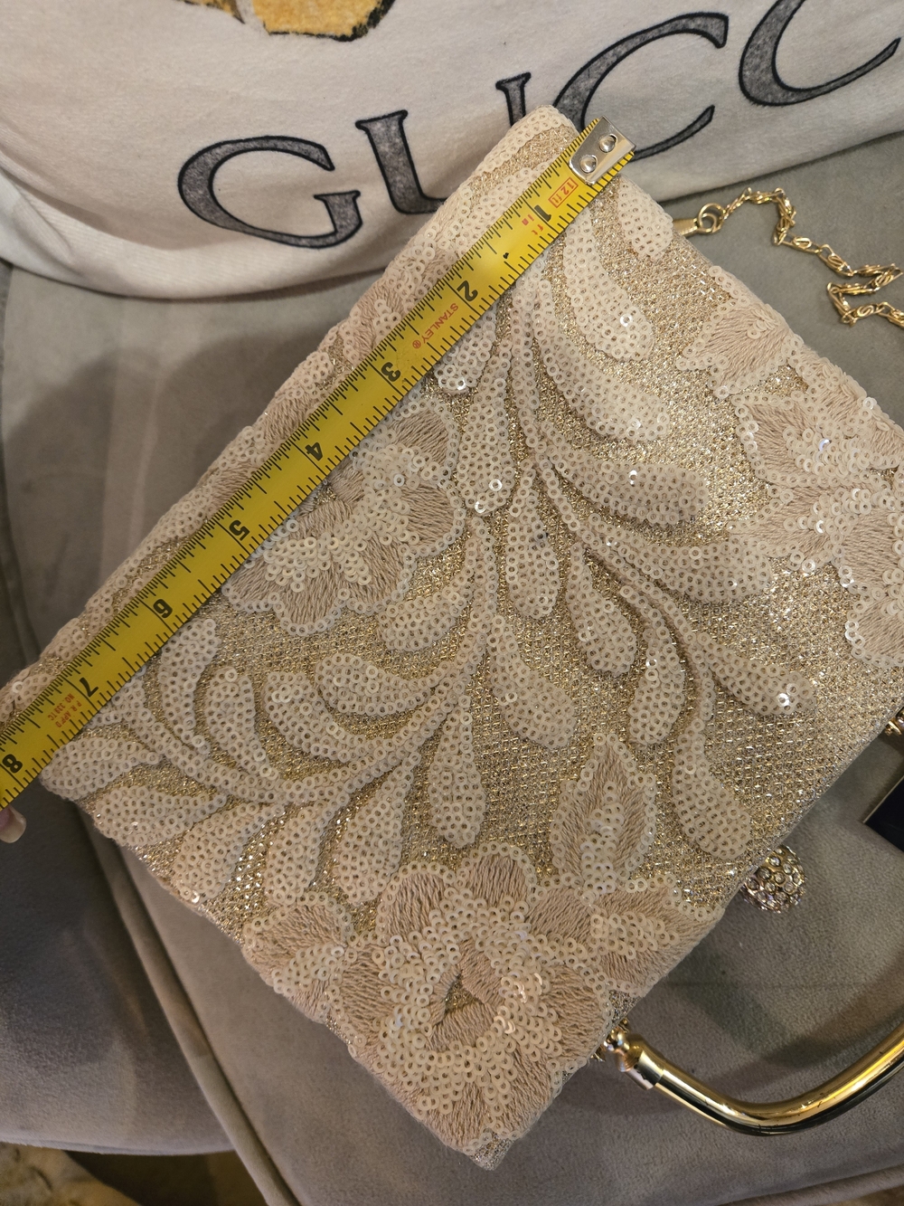 Sequined Floral Box Clutch with Gold Frame - Cream & Gold - Picture 6 of 8